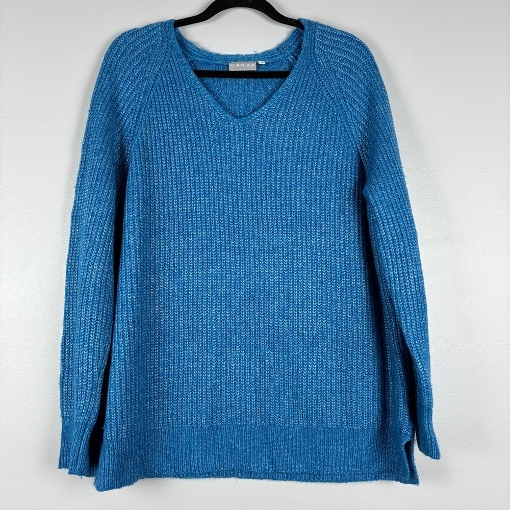 Canda V-Neck Sweater XL Blue Acrylic Wool Blend Knit Chunky Coastal Preppy